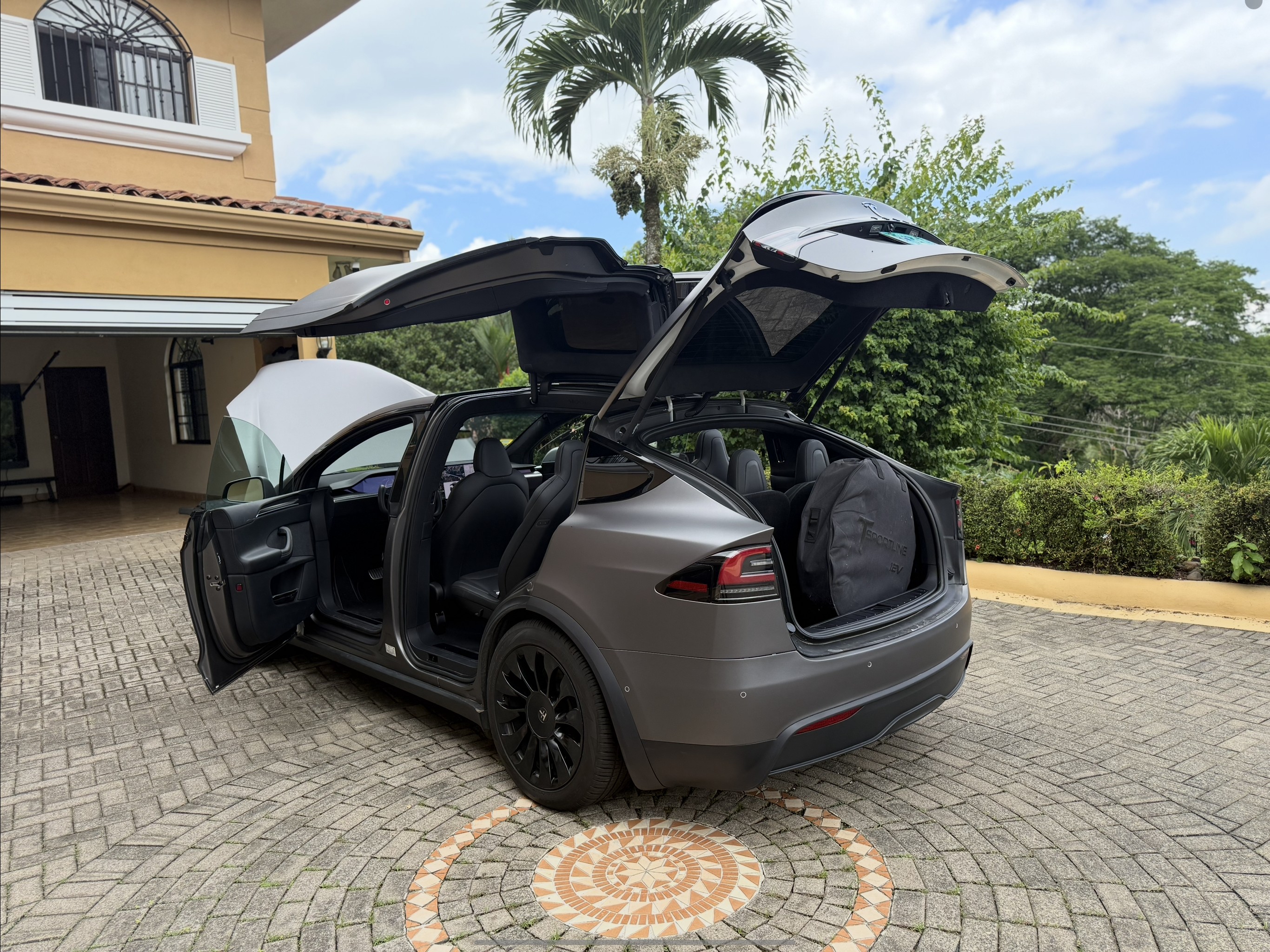 Tesla Model X Plaid rear three‑quarter view with trunk and doors open